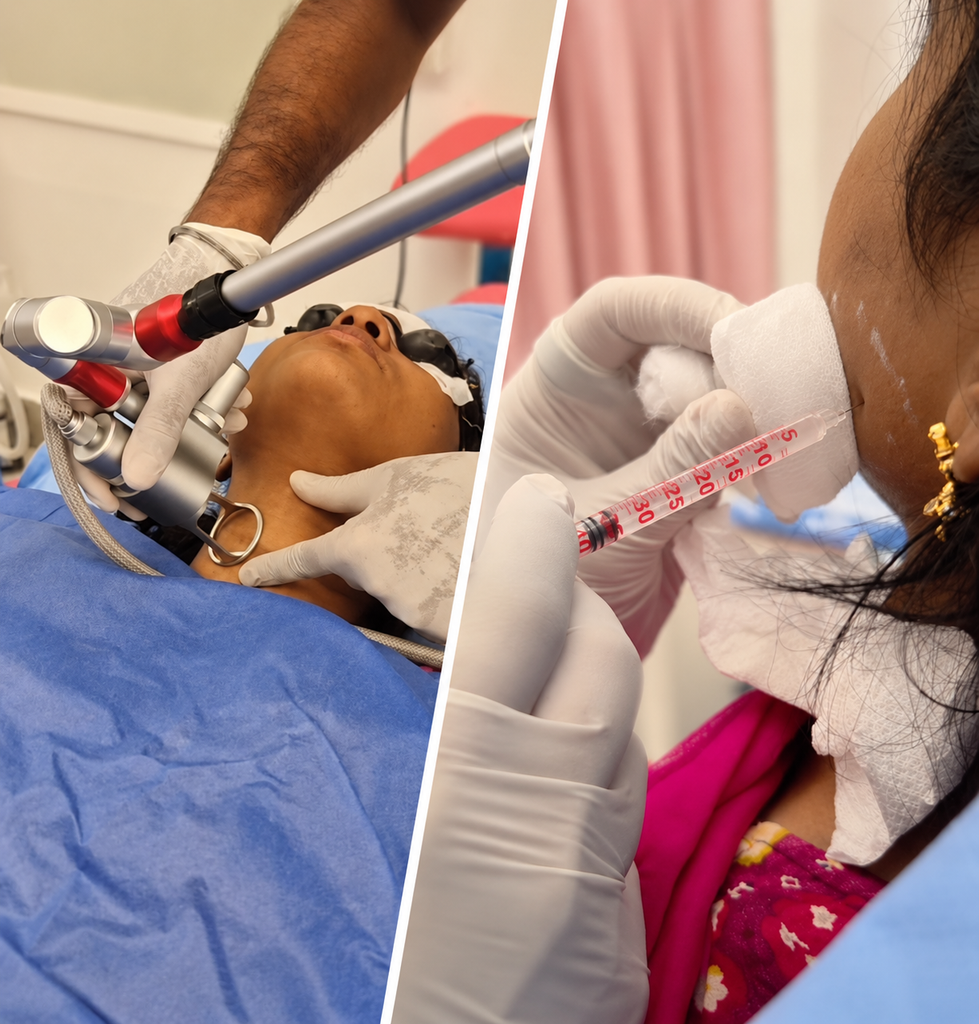 CO2 laser treatment and Botox injection shown in a side-by-side clinical treatment collage