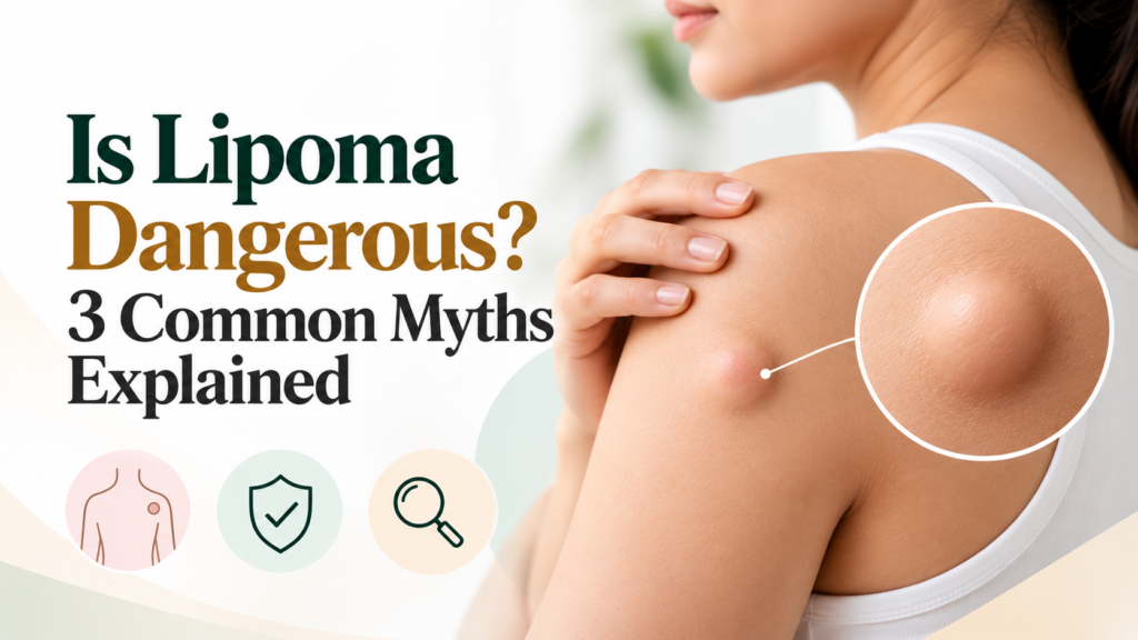 Woman examining a lump on her upper arm, illustrating common myths about lipoma and whether lipomas are dangerous.